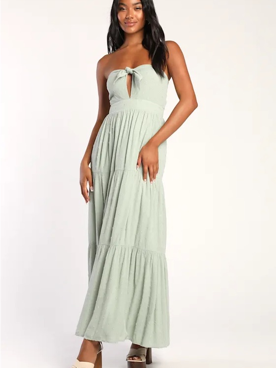 Lulus Tie Again Sage Green Strapless Tiered Swiss Dot Maxi Dress